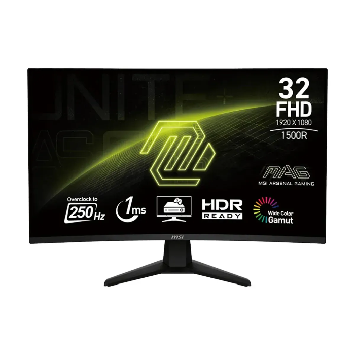 صورة شاشة ألعاب منحنية MSI MAG 32C6X بدقة FHD، شاشة VA، معدل تحديث 250 هرتز، زمن استجابة 1 مللي ثانية، انحناء 1500R، وضع وحدة التحكم، تدعم HDR، مزودة بتقنية Adaptive-Sync