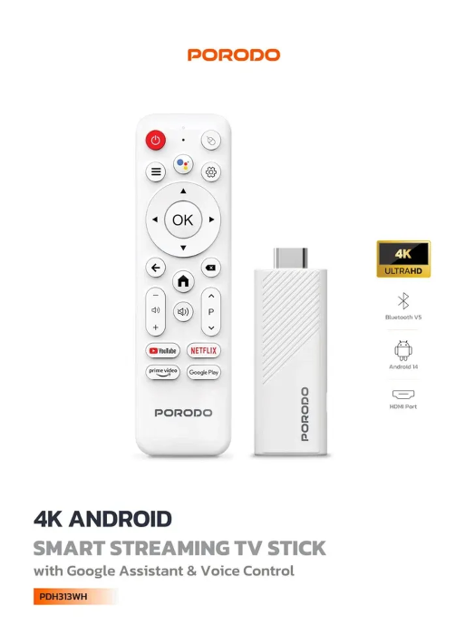 صورة جهاز تلفزيون Porodo 4k Android Smart Streaming مع مساعد جوجل والتحكم الصوتي - أبيض