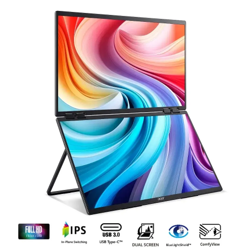 Picture of Acer PD243YE Portable Dual FHD Screen, 23.8" IPS Panel, 100Hz Refresh Rate, 4ms Response Time, Built-in Speakers, USB Type C & Standard Ports