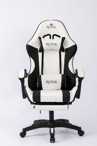 Show details for ROYAL Leather Gaming Chair with Headrest, Lumbar Pillow, and Footrest - WHITE