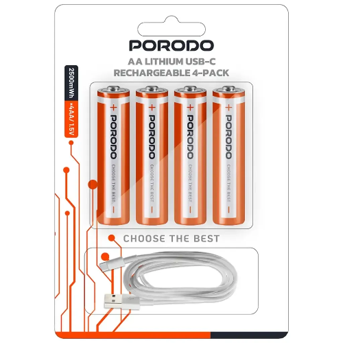 Picture of Porodo AA Lithium USB-C Rechargeable 4-Pack - White/Orange