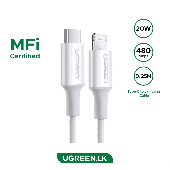 Picture of UGREEN USB-C to Lightning M/M Cable Rubber Shell 2m (White)US171 60W