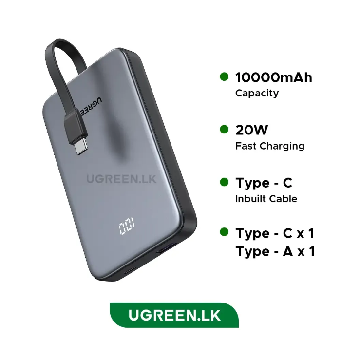 Picture of Ugreen Built-in fast charging power bank, Space Gray, 10000mAh, 20W USB-C female + 20W/22.5W USB-C female/cable (LY)PB526 75161B