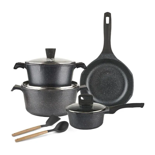 Picture of OSFE Granite Cookware Set 11 pcs (28, 20 cm Casserole, 24 cm Pan, 18 cm Saucepan, 2 Pcs Kitchen Tools ) - Dark Grey