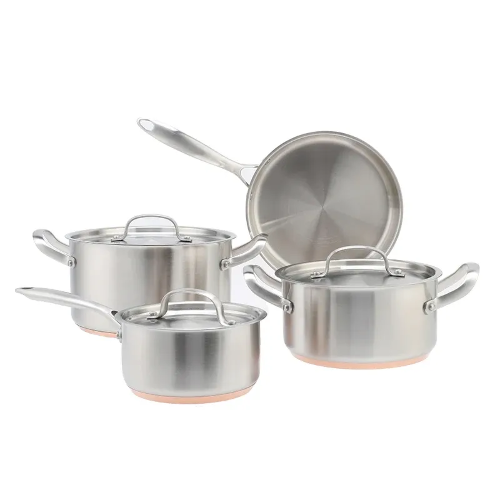 Picture of 7PCS COOKWARE SET24-28cm Casserole with glass lid 24cm fry pan 16cm Sauce pan with glass lid material: 3 layers stainless steel Thickness: 2.0mm