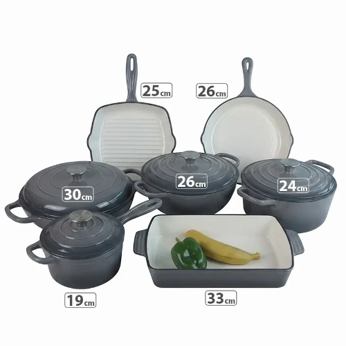 Picture of 11PCS ENAMELED CAST IRON SET24cm Casserole with lid26cm shallow casserole with lid30cm Seafood pot with lid19cm sauce pan with lid33cm roaster pan 25cm grill pan 26cm fry pan 