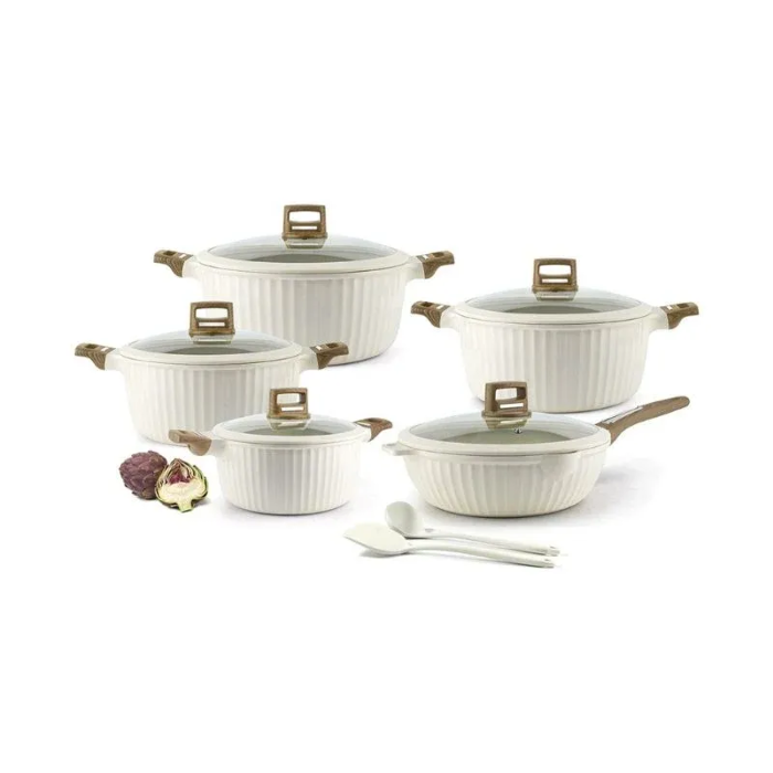 Picture of 12PCS COOKWARE SET20-24-28-32cm casserole with silicone lid28cm deep fry pan with silicone lid2pcs silicone kitchen toolsbottom: induction bottom IVORY