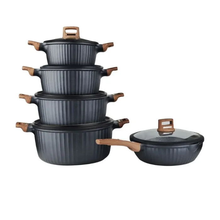 Picture of 12PCS COOKWARE SET20-24-28-32cm casserole with silicone lid28cm deep fry pan with silicone lid2pcs silicone kitchen toolsbottom: induction bottom BLACK