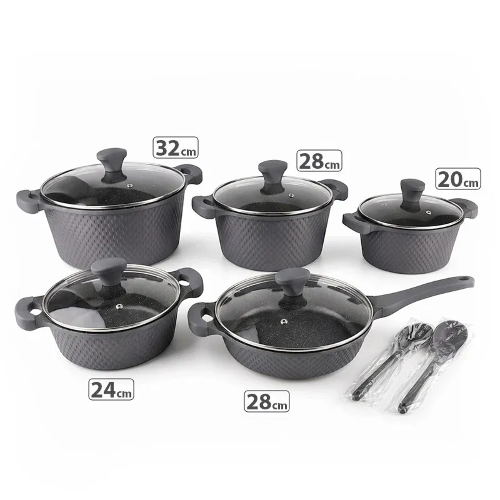 Picture of 12PCS COOKWARE SET20-24-28-32cm casserole with silicone lid28cm deep fry pan with silicone lid2pcs kitchen toolsbottom: induction bottom 