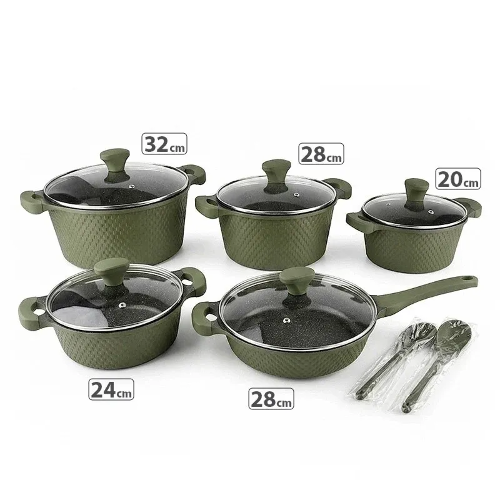 Picture of OSFE 12 PCS Aluminum Nonstick Granite Cookware Set (32, 28, 24, 20 cm Pots, 28 cm Pan with 2 Pcs of Utensil Tools) - Green