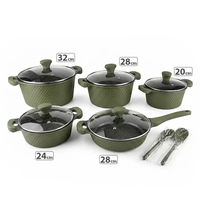Picture of OSFE 12 PCS Aluminum Nonstick Granite Cookware Set (32, 28, 24, 20 cm Pots, 28 cm Pan with 2 Pcs of Utensil Tools) - Green