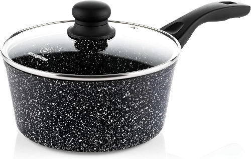 Picture of Westinghouse USA Saucepan with Glass Lid 20CM - Pressed Aluminium, Black Marble, Non-Stick Cookware, Lightweight Design & Cast Aluminium Fry Pan for Healthy Cooking