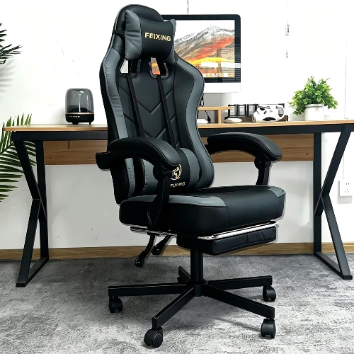 Picture of FEIXING Leather Gaming Chair with Headrest, Lumbar Pillow, and Footrest - BLACK