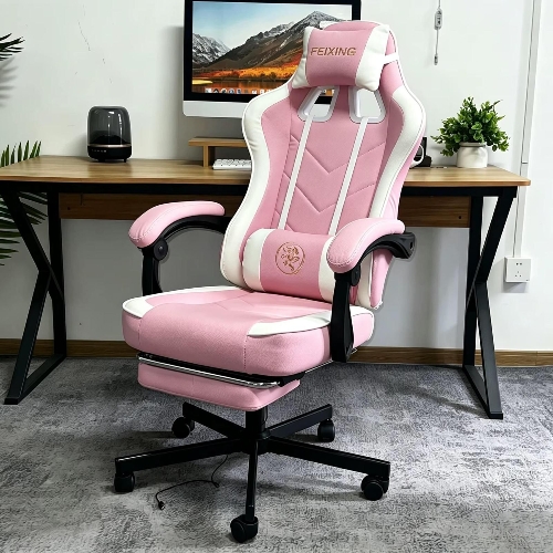 Picture of FEIXING Leather Gaming Chair with Headrest, Lumbar Pillow, and Footrest - PINK
