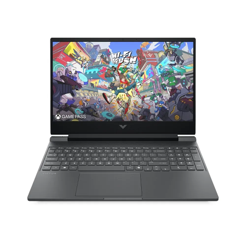 صورة جهاز كمبيوتر محمول للألعاب HP Victus 15-FA2014Nwx، بمعالج Intel Core i7-13620H، وذاكرة وصول عشوائي (RAM) سعة 8 جيجابايت، وقرص تخزين SSD من نوع NVMe سعة 512 جيجابايت، وبطاقة رسومات NVIDIA GeForce RTX 3050 سعة 6 جيجابايت، وشاشة مقاس 15.6 بوصة بدقة FHD وتقنية IPS ومعدل تحديث 144 هرتز، ولوحة مفاتيح بإضاءة خلفية، ونظام تشغيل Windows 11 Pro (مع ترخيص) - باللون الأسود.
