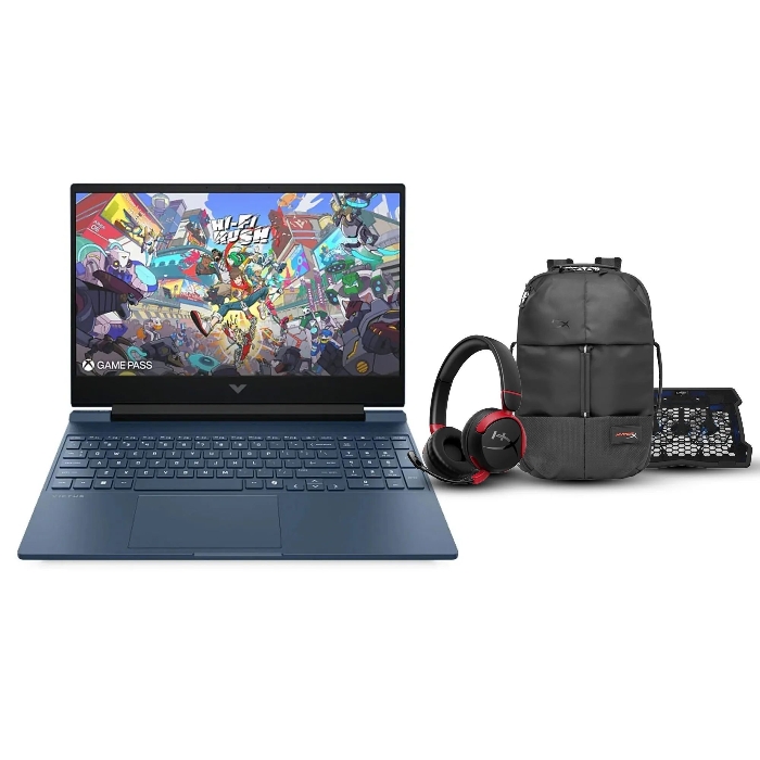 صورة جهاز كمبيوتر محمول HP Victus (طراز 15-FA2087NE)، بمعالج Intel Core i7، وذاكرة وصول عشوائي (RAM) سعة 16 جيجابايت. ذاكرة وصول عشوائي (RAM) من نوع DDR5، قرص تخزين SSD NVMe بسعة 512 جيجابايت، بطاقة رسومات RTX 5050 بسعة 8 جيجابايت، شاشة مقاس 15.6 بوصة بدقة FHD ومعدل تحديث 144 هرتز، لوحة مفاتيح بإضاءة خلفية، نظام تشغيل Windows 11 Pro (مع ترخيص)، اللون الأزرق + هدايا مجانية: سماعة رأس لاسلكية للألعاب من HyperX + حقيبة ظهر من HyperX + قاعدة تبريد من Canyon.
