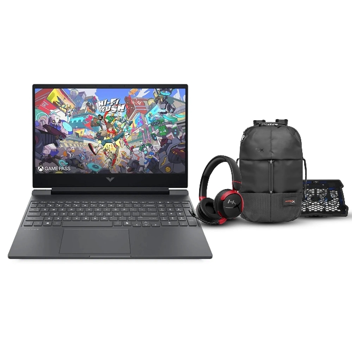 صورة جهاز HP Victus (طراز 15-FA2088NE)، معالج Intel Core i7-13645HX، ذاكرة وصول عشوائي (RAM) من نوع DDR5 بسعة 16 جيجابايت، قرص تخزين SSD NVMe بسعة 512 جيجابايت، بطاقة رسومات RTX 5050 بسعة 8 جيجابايت، شاشة مقاس 15.6 بوصة بدقة FHD ومعدل تحديث 144 هرتز، لوحة مفاتيح بإضاءة خلفية، نظام تشغيل Windows 11 Pro (مع ترخيص)، اللون الفضي (Mica Silver) + هدايا مجانية: سماعة رأس لاسلكية للألعاب من HyperX + حقيبة ظهر من HyperX + قاعدة تبريد من Canyon.