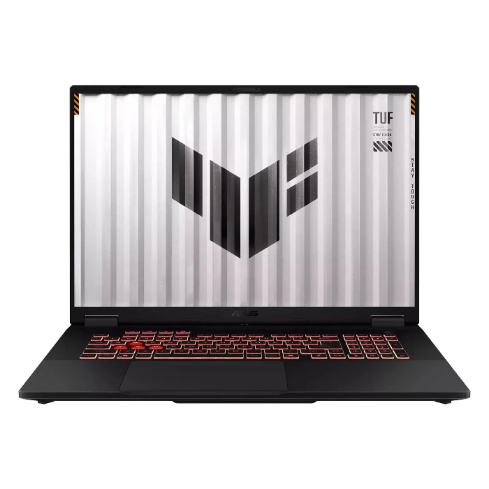 صورة جهاز Asus TUF Gaming A18 (طراز FA808UH-RS74)، معالج AMD Ryzen 7، ذاكرة وصول عشوائي (RAM) بسعة 16 جيجابايت، قرص تخزين SSD بسعة 1 تيرابايت، بطاقة رسومات NVIDIA GeForce RTX 5050 بسعة 8 جيجابايت، شاشة مقاس 18 بوصة بدقة WUXGA، نظام تشغيل Windows 11 Home، اللون الرمادي (Jaeger Gray).