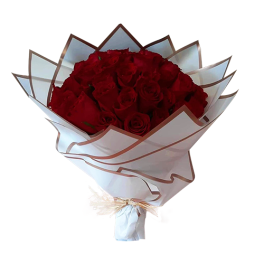 Red flowers with white wrap bouquet