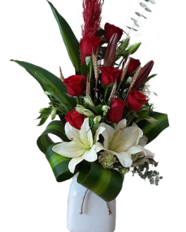 Red & White flowers with White base bouquet