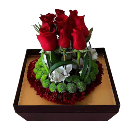 Roses in box with decoration bouquet