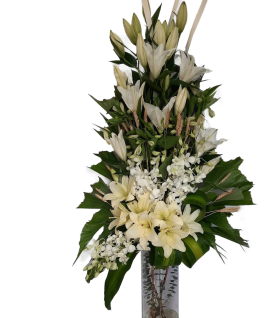 White flowers & Green leaves bouquet with handle