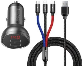 Baseus Digital Display Dual USB 4.8A Car Charger 24W with Three Primary Colors 3-in-1 Cable USB 1.2M-Black Suit Grey