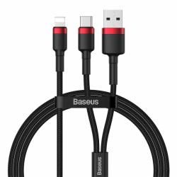 Baseus Cafule 2 in 1 PD 8 Pin to USB + USB-C / Type-C Fast Charging + Data Transmission Nylon Braided Data Cable 1.2m-(Black Grey)-Black &amp; Red