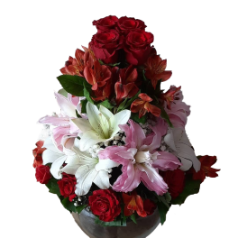 Different colors flowers with wooden base
