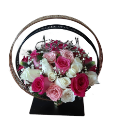 White pink & Red roses bouquet with ring handle