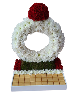 O shaped bouquet with white & Red flowes and Sweets