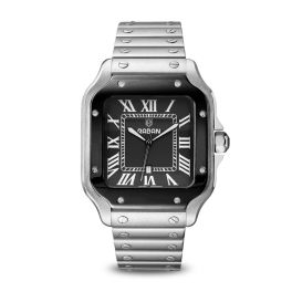 Raban Watch Stainless Steel 316 L (Style Cartier Santos) With Black Dial With Black And Silver Case