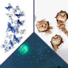 BUNDLE OF 3D BUTTERFLY & CAT WALL STICKERS WITH STARS MOON WALL STICKERS