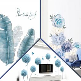BUNDLE OF BLUE LEAF WITH FLOWER WALLPAPER & NORDIC STYLE BLUE DANDELION WALL STICKERS