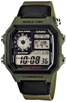 Men's Casio Digital Square Green And Black Resin Watch AE1200WHB-3BV