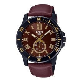 Casio Men Watch Analog Brown Dial Black ion Plated Case Leather Band MTP-VD200BL-5BUDF 