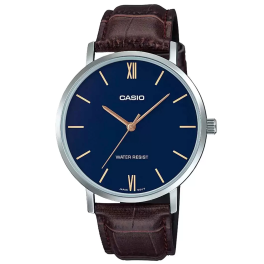 Casio Men's Minimalistic Blue Dial Brown Leather Band Analog Watch MTP-VT01L-2BUDF